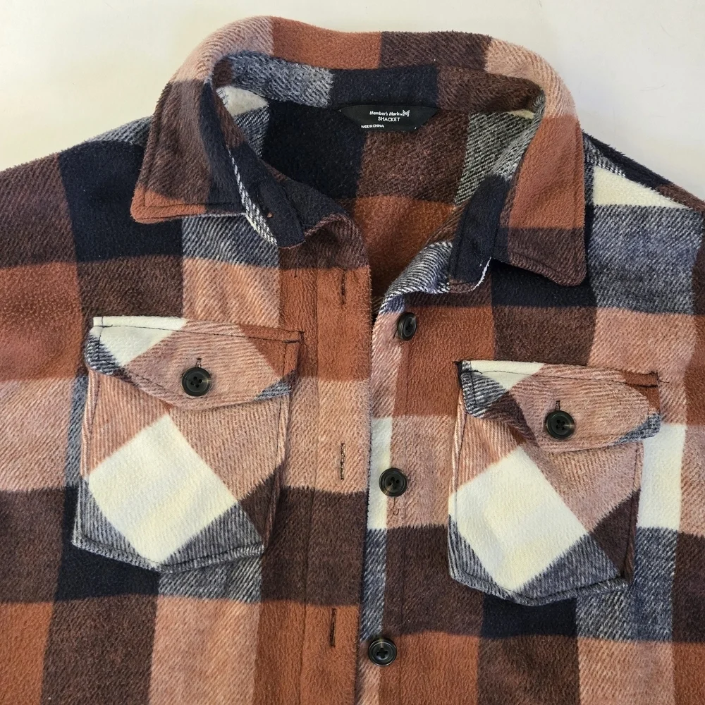 Plaid flannel shacket blue brown Members Mark womens size Large